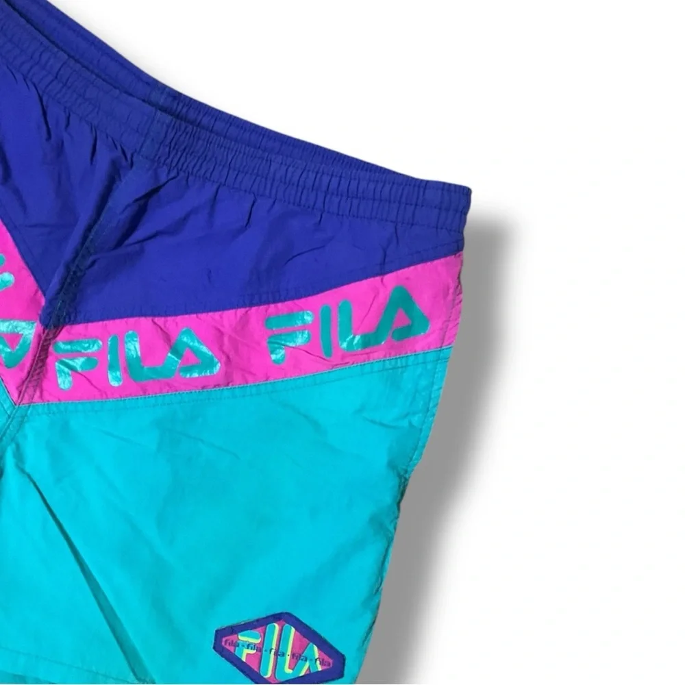 💥 Vintage FILA 80s Colorblock Swim Shorts | Teal Pink‎ Purple Retro Logo M